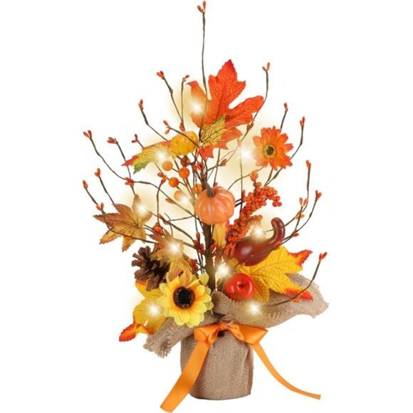New 18 Inch Fall Table Tree, LED Lighted Fall Tree with Sunflowers Maple Leaf - Picture 1 of 8